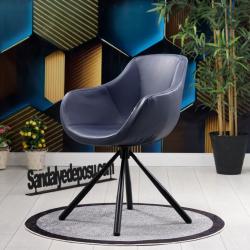 Focus Silindir Siyah Metal Ayaklı Sandalye (Lacivert Deri)
