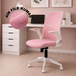 Alis Beyaz Plastik Ayaklı Hareketli Kollu Çalışma Koltuğu Ve Ofis Koltuğu ( Pembe File Kumaş)