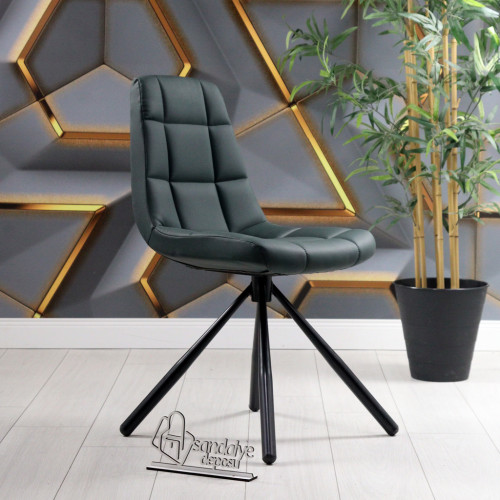 Gabriel 2 Silindir Siyah Metal Ayaklı Sandalye (Mat Yeşil Deri)
