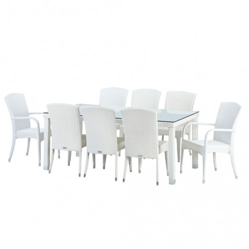 Lily-Kasilya Rattan Masa Sandalye Takım Beyaz (8 Kişilik)