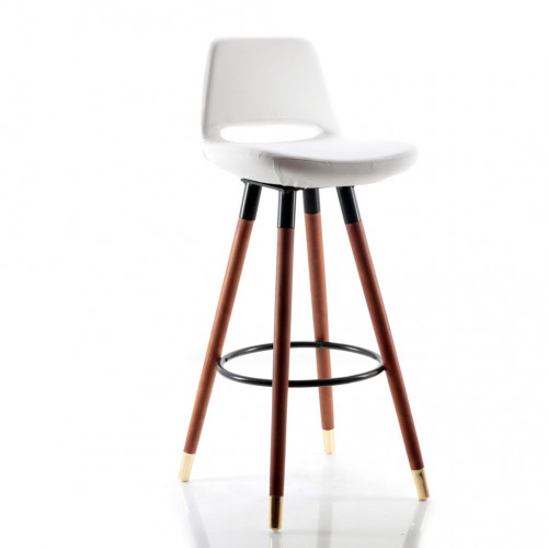 Rasko pirinç uçlu ceviz ayaklı Bar Sandalyesi (Deri Beyaz)