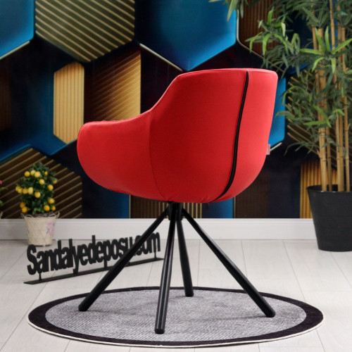 Focus Silindir Siyah Metal Ayaklı Sandalye (Kırmızı Deri)