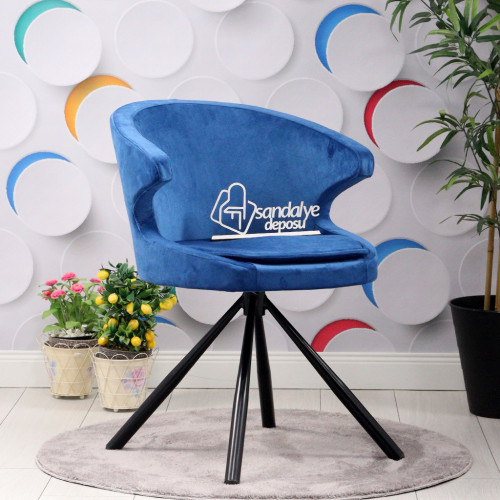 Rivera Silindir Siyah Metal Ayaklı Sandalye (Mavi Kumaş)