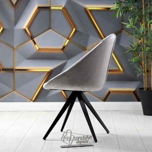 Milo Piramit Siyah Metal Ayaklı Sandalye (Açık Gri Kumaş)