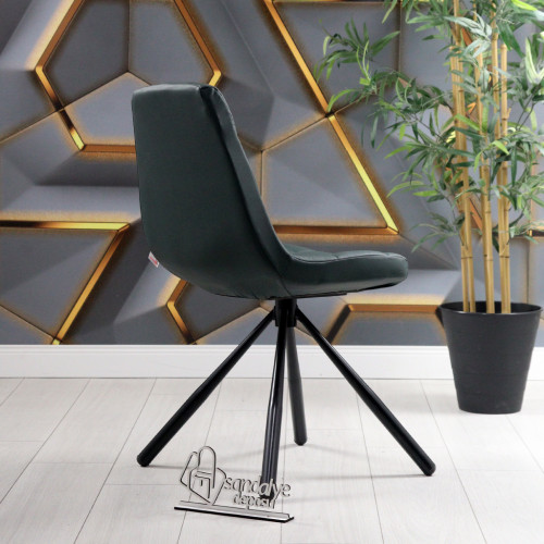 Gabriel 2 Silindir Siyah Metal Ayaklı Sandalye (Mat Yeşil Deri)