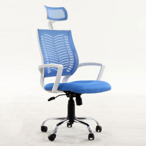 White başlıklı çalışma koltuğu beyaz plastik mavi