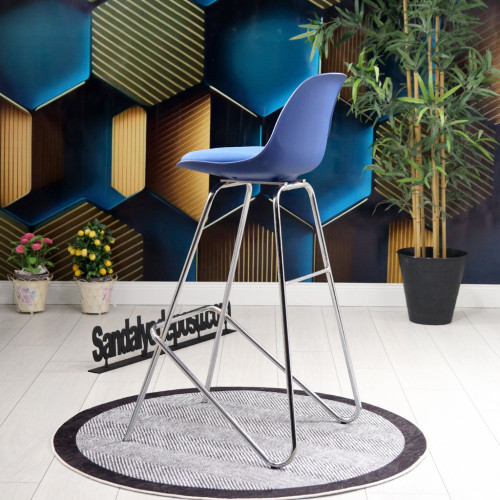 Swella Sabit Krom Ayaklı Bar Sandalyesi 75H (Mavi)