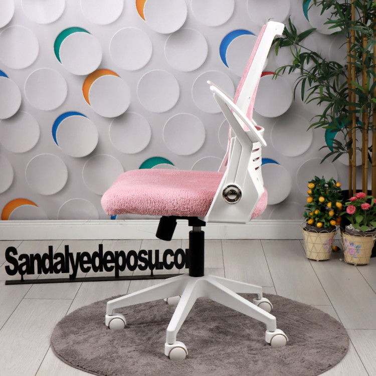 Alis Beyaz Plastik Ayaklı Hareketli Kollu Çalışma Koltuğu Ve Ofis Koltuğu ( Pembe Welsoft Kumaş)