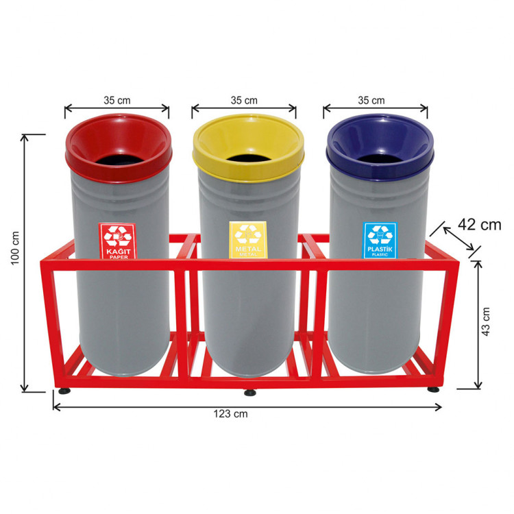 Üçlü Geri Dönüşüm Kovası Kafesli Boyalı