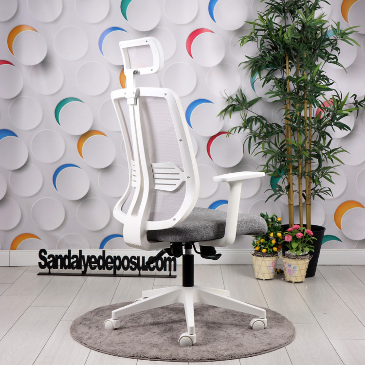 Tokyo Beyaz Ayaklı Sabit Kollu Müdür Koltuğu (Açık Gri Keten & File)