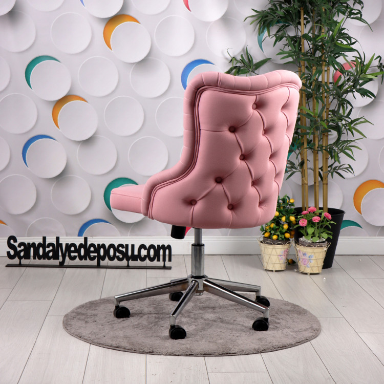 Luna Kapitoneli Çalışma Koltuğu (Pembe Lakos Kumaş, Krom Ayak )