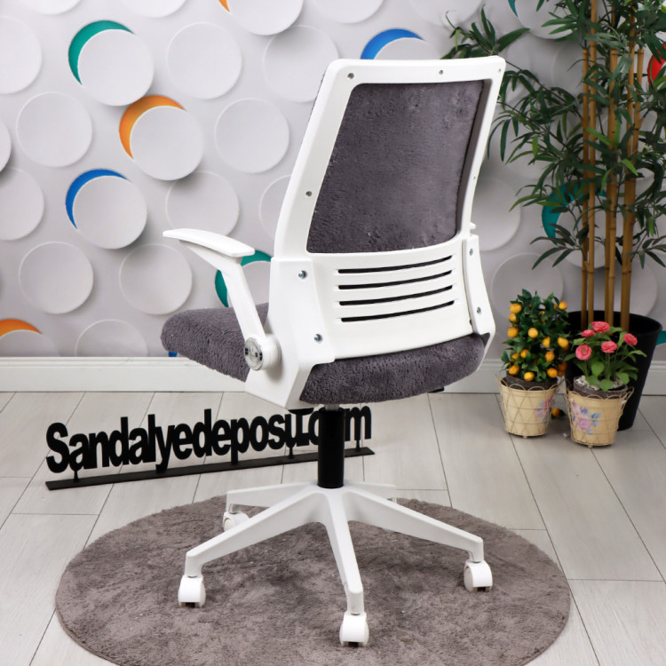 Alis Beyaz Plastik Ayaklı Hareketli Kollu Çalışma Koltuğu Ve Ofis Koltuğu (Gri  Welsoft Kumaş)