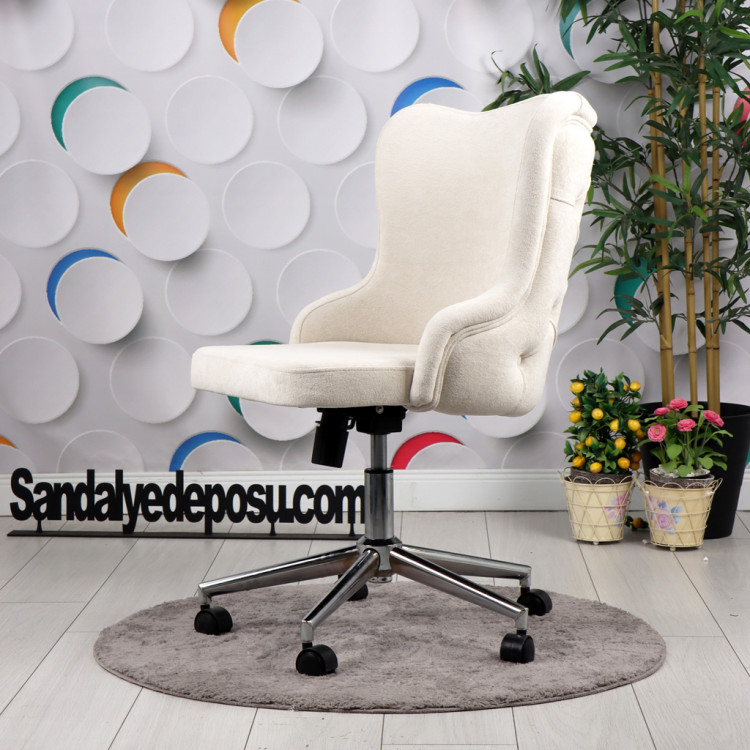 Luna Kapitoneli Çalışma  Koltuğu ( Kırık Beyaz Leke Tutmaz Silinebilir Kumaş  ,Krom Ayak)