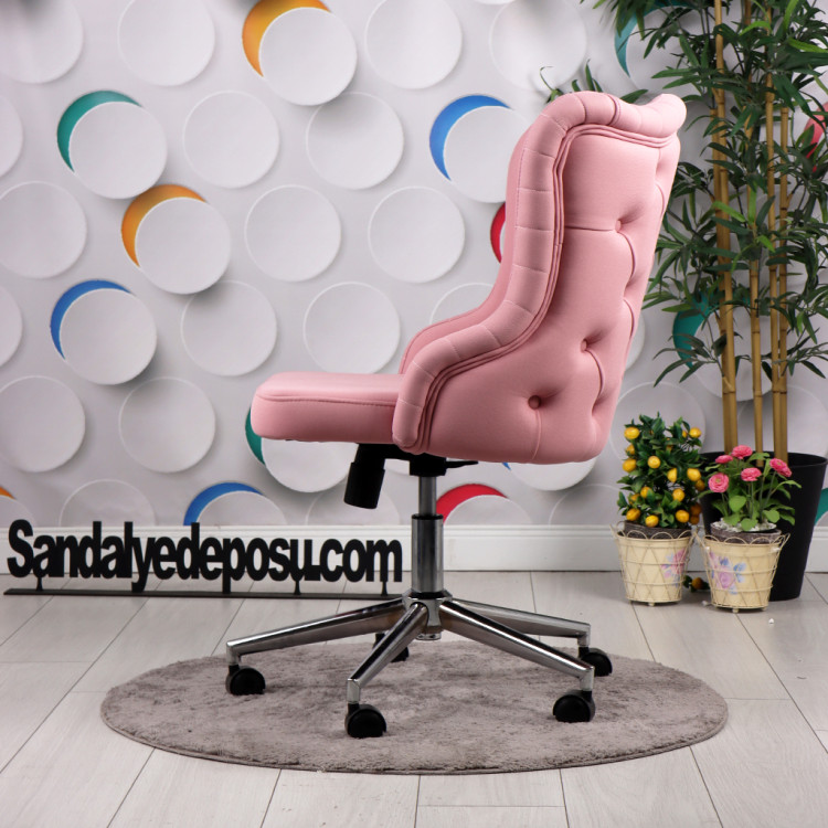 Luna Kapitoneli Çalışma Koltuğu (Pembe Lakos Kumaş, Krom Ayak )