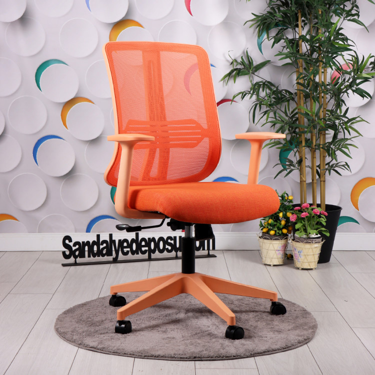 Tokyo Turuncu Plastik Ayaklı Çalışma Ve Ofis Koltuğu (Turuncu Fileli Sırt – Keten Kumaş Oturak)