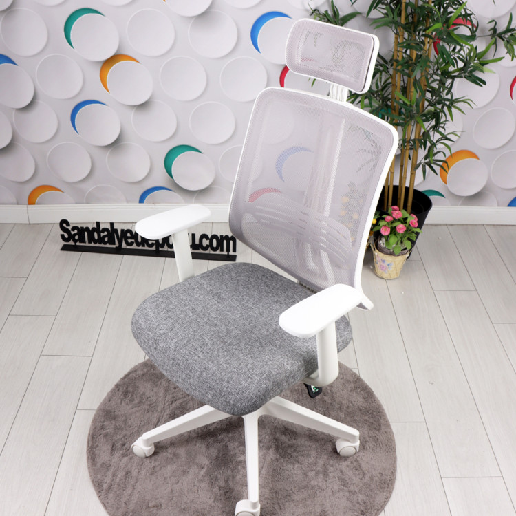 Tokyo Beyaz Ayaklı Sabit Kollu Müdür Koltuğu (Açık Gri Keten & File)