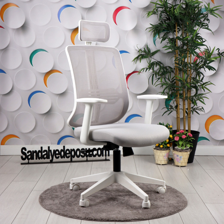 Tokyo Beyaz Ayaklı Sabit Kollu Müdür ve  Ofis  Koltuğu ( Açık Gri File)