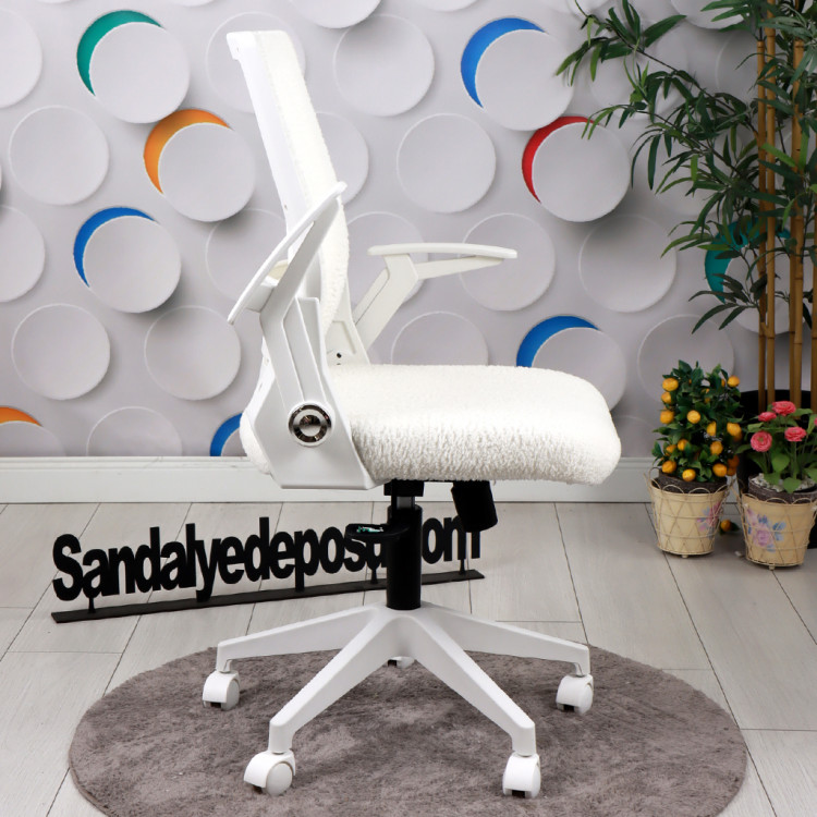 Alis Beyaz Plastik Ayaklı Hareketli Kollu Çalışma Koltuğu Ve Ofis Koltuğu (Beyaz Welsoft Kumaş)