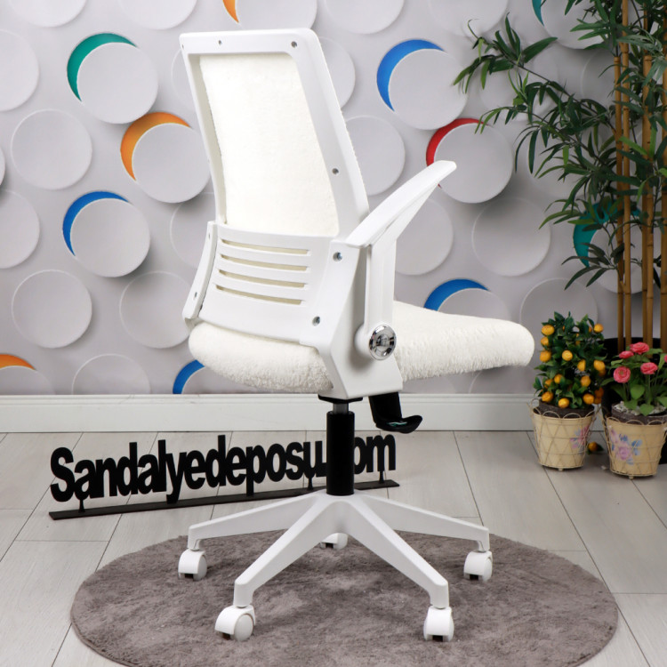 Alis Beyaz Plastik Ayaklı Hareketli Kollu Çalışma Koltuğu Ve Ofis Koltuğu (Beyaz Welsoft Kumaş)