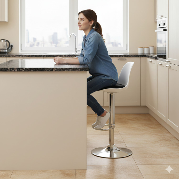 Tesla Krom Ayaklı Bar Sandalyesi (Beyaz Sırt Siyah Minder)