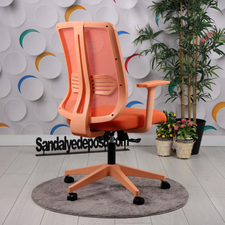 Tokyo Turuncu Plastik Ayaklı Çalışma Ve Ofis Koltuğu (Turuncu Fileli Sırt – Keten Kumaş Oturak)