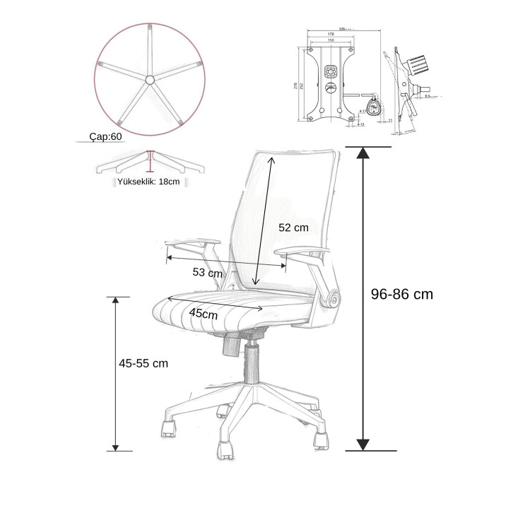 Alis Beyaz Plastik Ayaklı Hareketli Kollu Çalışma Koltuğu Ve Ofis Koltuğu (Gri  Welsoft Kumaş)