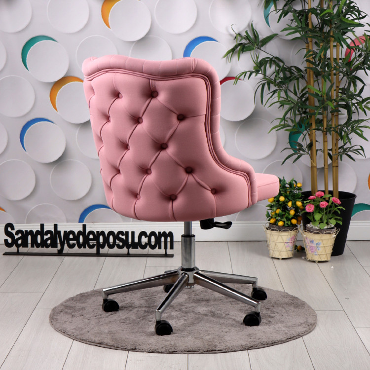 Luna Kapitoneli Çalışma Koltuğu (Pembe Lakos Kumaş, Krom Ayak )