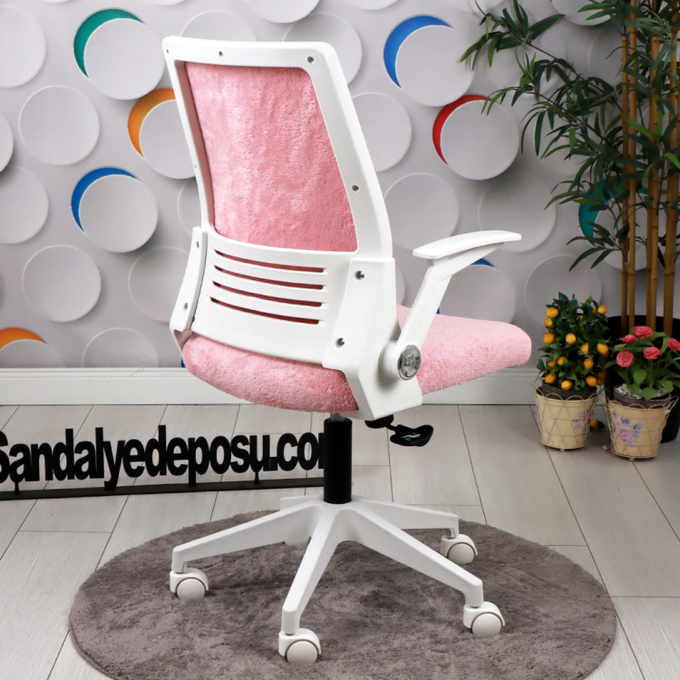 Alis Beyaz Plastik Ayaklı Hareketli Kollu Çalışma Koltuğu Ve Ofis Koltuğu ( Pembe Welsoft Kumaş)
