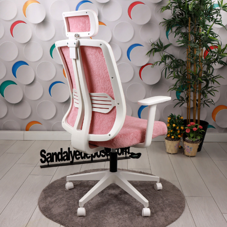 Tokyo Beyaz Ayaklı Sabit Kollu Çalışma ve Müdür Koltuğu (Pembe Welsoft Kumaş )