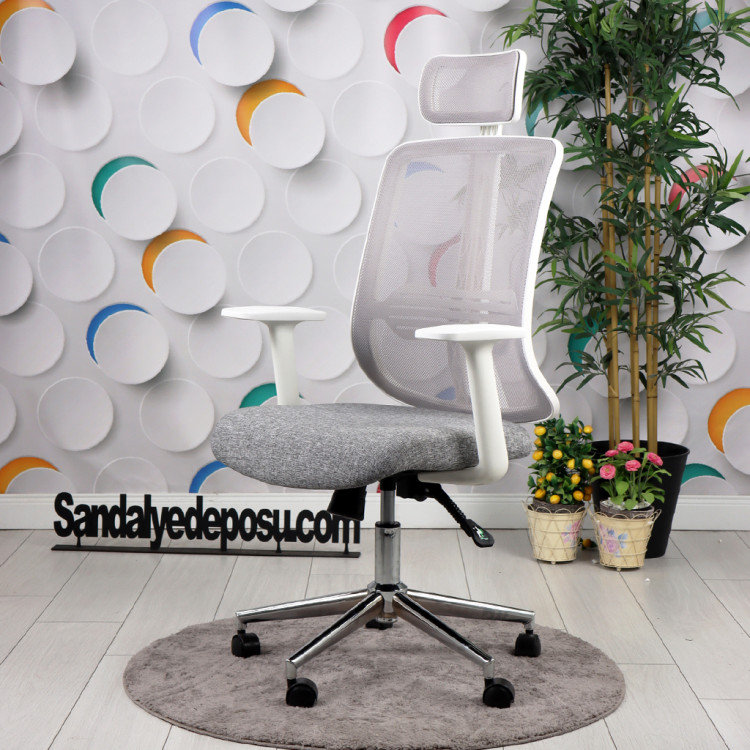 Tokyo Krom Ayaklı Sabit Kollu Müdür Koltuğu (Açık Gri Keten & File)