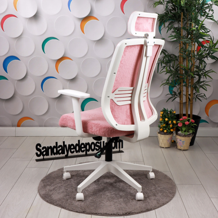 Tokyo Beyaz Ayaklı Sabit Kollu Çalışma ve Müdür Koltuğu (Pembe Welsoft Kumaş )