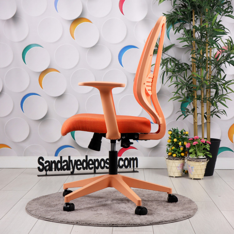 Tokyo Turuncu Plastik Ayaklı Çalışma Ve Ofis Koltuğu (Turuncu Fileli Sırt – Keten Kumaş Oturak)