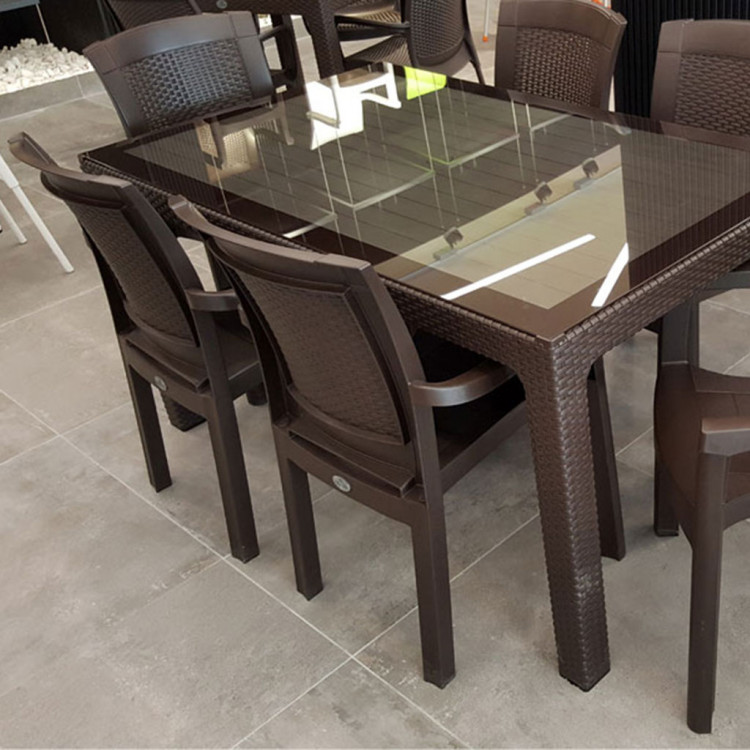 Manyas 90x150 PP Rattan Masa Sandalye Takımı Kahve Camlı