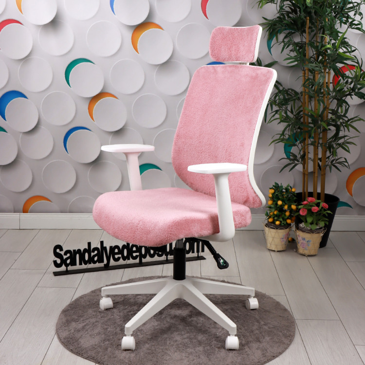 Tokyo Beyaz Ayaklı Sabit Kollu Çalışma ve Müdür Koltuğu (Pembe Welsoft Kumaş )