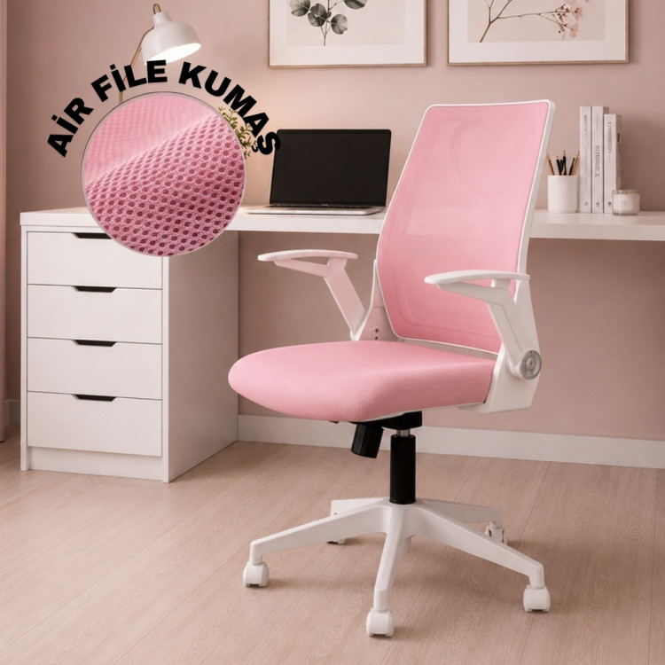 Alis Beyaz Plastik Ayaklı Hareketli Kollu Çalışma Koltuğu Ve Ofis Koltuğu ( Pembe File Kumaş)