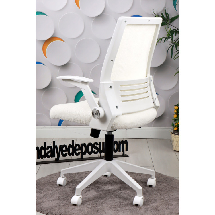 Alis Beyaz Plastik Ayaklı Hareketli Kollu Çalışma Koltuğu Ve Ofis Koltuğu (Beyaz Welsoft Kumaş)