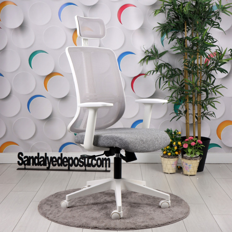 Tokyo Beyaz Ayaklı Sabit Kollu Müdür Koltuğu (Açık Gri Keten & File)