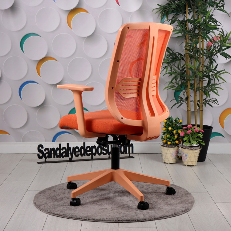 Tokyo Turuncu Plastik Ayaklı Çalışma Ve Ofis Koltuğu (Turuncu Fileli Sırt – Keten Kumaş Oturak)